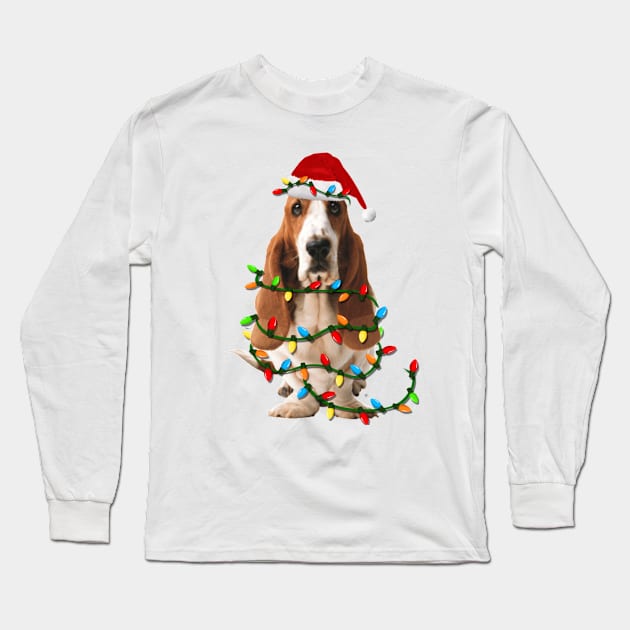 Basset Hound Christmas Lights Santa Hat Xmas Long Sleeve T-Shirt by Jayden Forster